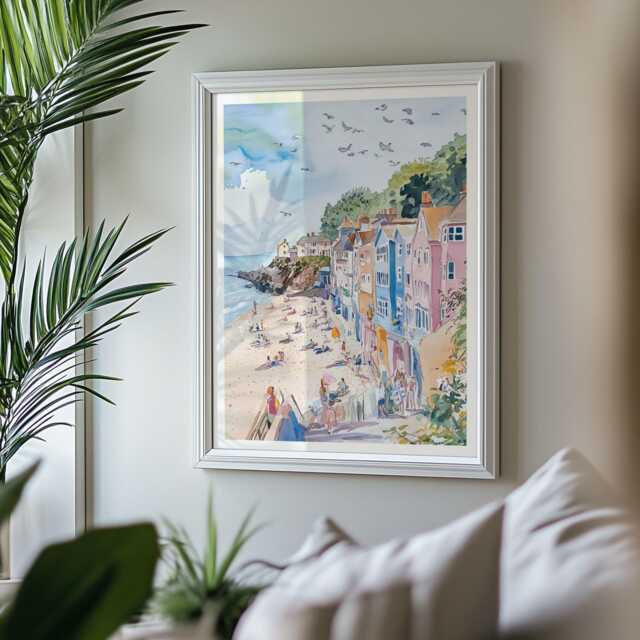 Gulls Overhead British Seaside Watercolor Art Print - Colourful Beach Houses Wall Decor Coastal Holiday With Framed Options - image 1