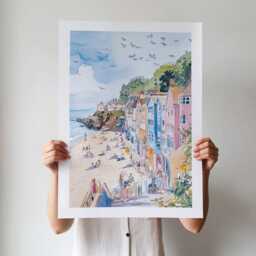 Gulls Overhead British Seaside Watercolor Art Print - Colourful Beach Houses Wall Decor Coastal Holiday With Framed Options - thumbnail 3