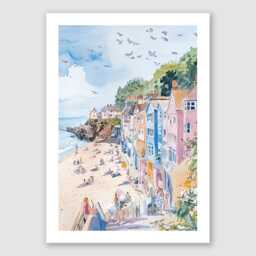 Gulls Overhead British Seaside Watercolor Art Print - Colourful Beach Houses Wall Decor Coastal Holiday With Framed Options - thumbnail 2