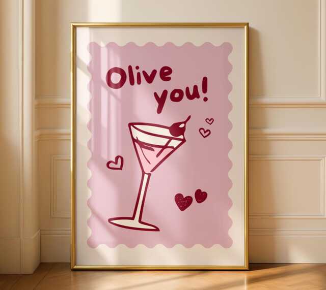 Olive You Kitchen Print - Fun Colourful Wall Art Pink Prints Olives Martini - image 1