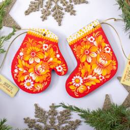 Christmas Stockings Wooden Ornament, Handmade Decorations Mitten Hand Painted in Ukrainian Petrykivka Painting Ethnic Style - thumbnail 1