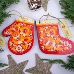 Christmas Stockings Wooden Ornament, Handmade Decorations Mitten Hand Painted in Ukrainian Petrykivka Painting Ethnic Style - thumbnail 3