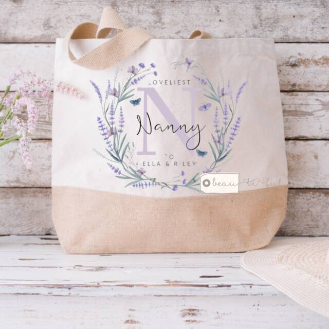 Personalised Loveliest Auntie Mum Grandma Nan Nanna Nanny Name & Initial Wildflower Mother's Day Birthday Gift Tote Bag Jute Shopping Bag