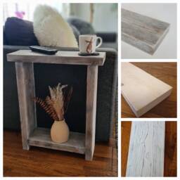 Rustic Wooden End Table, Slim Narrow Side Sofa Coffee Mug Rest, Grey Wash, White Wash & Dark White