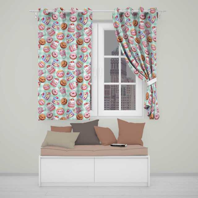 Kawaii Donut Cake Cupcake Sweet Dessert Seamless Pattern Mint Gingham Readymade Eyelet Ring Top Thermal 100% Blackout Curtains - image 1