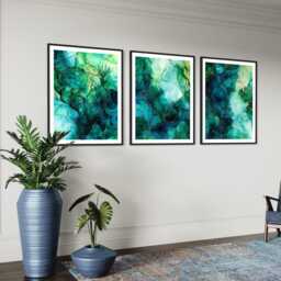 Emerald Ink Abstract Wall Art Set Of 3 Fluid Alcohol Green Blue Teal Decor Modern Contemporary Statement Prints For Living Room - thumbnail 3