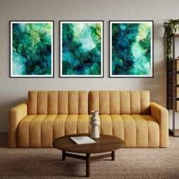 Emerald Ink Abstract Wall Art Set Of 3 Fluid Alcohol Green Blue Teal Decor Modern Contemporary Statement Prints For Living Room - thumbnail 1