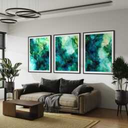 Emerald Ink Abstract Wall Art Set Of 3 Fluid Alcohol Green Blue Teal Decor Modern Contemporary Statement Prints For Living Room - thumbnail 2