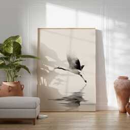 Minimalist Crane Art Print, Japanese Zen Wall Decor, Black & White Bird Poster, Tranquil Nature Unframed Artwork, Japandi Home Aesthetic - thumbnail 2