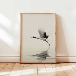 Minimalist Crane Art Print, Japanese Zen Wall Decor, Black & White Bird Poster, Tranquil Nature Unframed Artwork, Japandi Home Aesthetic - thumbnail 1