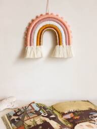 Rose Gold Fiber Rainbow Macrame Nursery Wall Hanging, Girls Room Decor