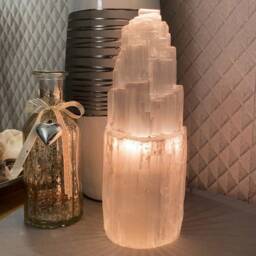 Large Selenite Tower Lamp Natural Crystals Spiritual Cosy Night Light Table For Sale Satin Spar Crystal Lighting Decor Shop - thumbnail 2