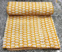 Handmade Cotton Kantha Quilt Elephant Print Bed Cover - 90x108 - thumbnail 1