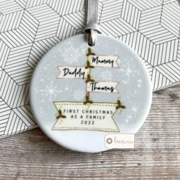 Personalised First Christmas As A Family Mummy Daddy New Baby Snowflake Signpost Design Ceramic Round Ornament Keepsake - thumbnail 3