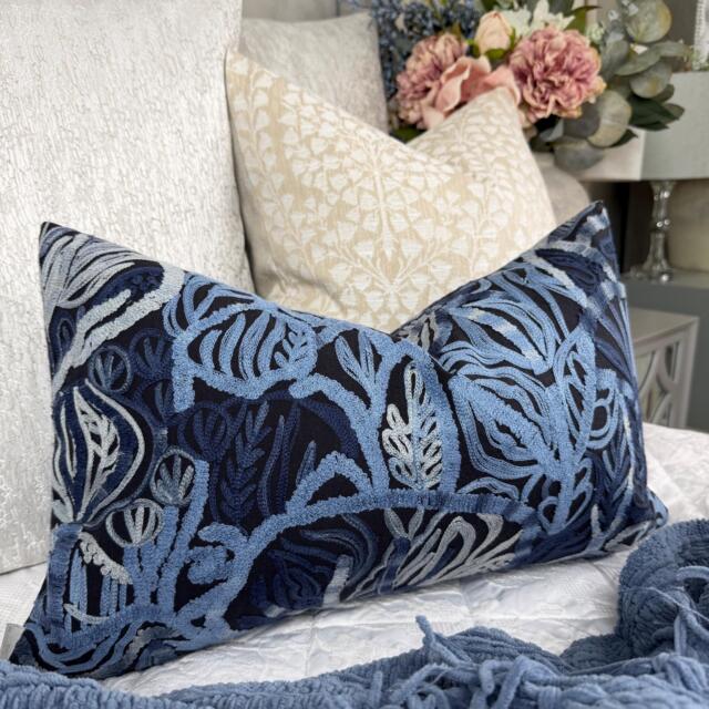 "Blue Lumbar Cushion Cover, Embroidered Navy Throw Pillow Case 12"" X 20" - image 1