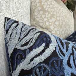 "Blue Lumbar Cushion Cover, Embroidered Navy Throw Pillow Case 12"" X 20" - thumbnail 2