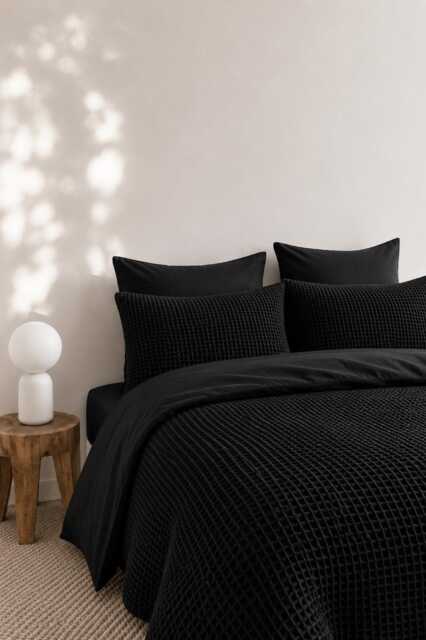 Black Waffle 100% Cotton Duvet Cover Set - image 1