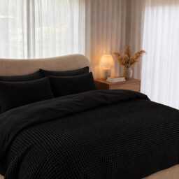 Black Waffle 100% Cotton Duvet Cover Set - thumbnail 3