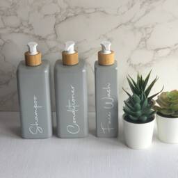 Personalised Grey Square Soap Dispenser Bottle With White Bamboo Pump 250Ml & 500Ml - thumbnail 4
