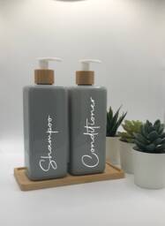 Personalised Grey Square Soap Dispenser Bottle With White Bamboo Pump 250Ml & 500Ml
