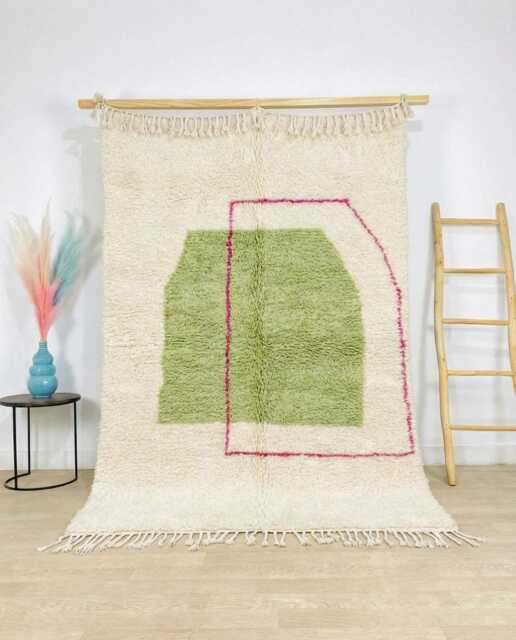 Handwoven Moroccan Berber Rug, Wool Shag Rug With Green & Pink Abstract Shapes, Authentic Beni Ourain Style Carpet, Large 9x12 Area - image 1
