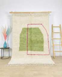 Handwoven Moroccan Berber Rug, Wool Shag Rug With Green & Pink Abstract Shapes, Authentic Beni Ourain Style Carpet, Large 9x12 Area - thumbnail 1