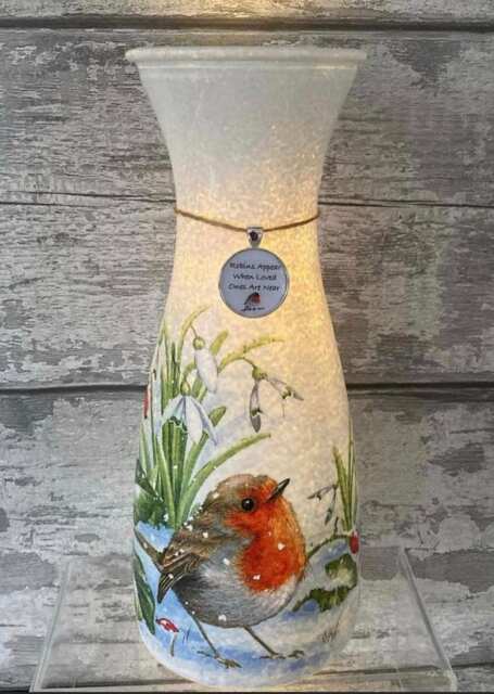 Light Up Robin Vase, With Charm - Decouoage, Gifts, Xmas Robins Appear When Loved Ones Are Near - image 1
