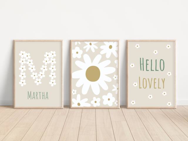Set Of 3 Neutral & Personalised Daisy Prints. Perfect For A Girls Room, Nursery Or Playroom - Prints Only - image 1