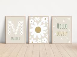 Set Of 3 Neutral & Personalised Daisy Prints. Perfect For A Girls Room, Nursery Or Playroom - Prints Only - thumbnail 1