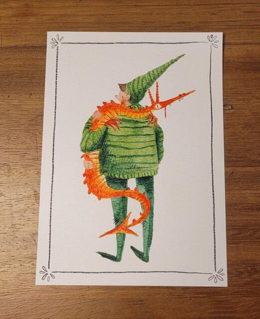 Print Of Dragon Hug. Handmade Watercolour Painting A Dragon Hugging Gnome. 5.5x7.5