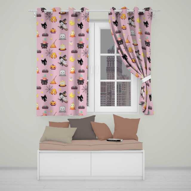 Cute Kawaii Halloween Witch Pumpkin Spider Seamless Pattern Rose Background Readymade Eyelet Ring Top Thermal 100% Blackout Curtains - image 1