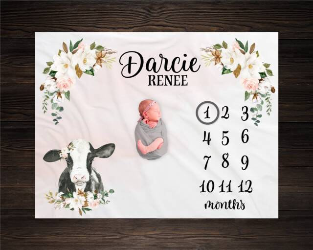 Floral Cow Milestone Blanket Personalized Monthly Growth Tracker Custom Baby Shower Gift Newborn Farm Nursery Magnolia Cotton Rose - image 1