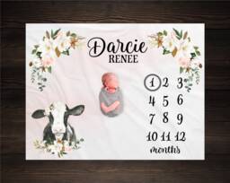 Floral Cow Milestone Blanket Personalized Monthly Growth Tracker Custom Baby Shower Gift Newborn Farm Nursery Magnolia Cotton Rose