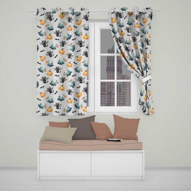Cute Halloween Ghost Pumpkin Bat Cat Seamless Pattern Dim Grey Background Readymade Eyelet Ring Top Thermal 100% Blackout Curtains - image 1