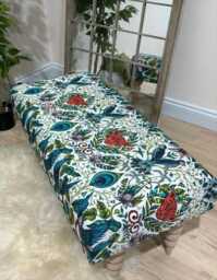 Peacock Green Floral Pattern Ottoman Footstool Storage- Printed Fabric Living Room Footrest Coffee Table