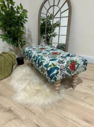 Peacock Green Floral Pattern Ottoman Footstool Storage- Printed Fabric Living Room Footrest Coffee Table - thumbnail 2