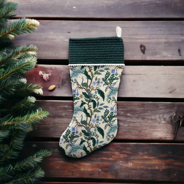 Rifle Paper Co Vintage Garden Peacock Metallic in Cream Fabric Christmas Stocking - image 1