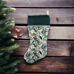 Rifle Paper Co Vintage Garden Peacock Metallic in Cream Fabric Christmas Stocking