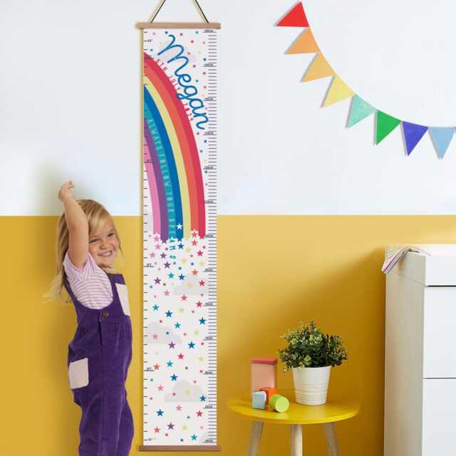 Personalised Rainbow Stars Or Hearts Canvas Height Chart, Kids Growth Chart, Wall Hanging, White, Blue Grey in Feet, Inches & cm's - image 1