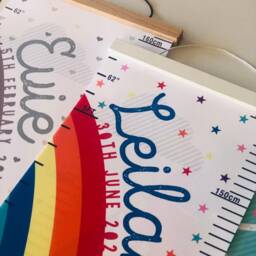 Personalised Rainbow Stars Or Hearts Canvas Height Chart, Kids Growth Chart, Wall Hanging, White, Blue Grey in Feet, Inches & cm's - thumbnail 3