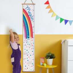 Personalised Rainbow Stars Or Hearts Canvas Height Chart, Kids Growth Chart, Wall Hanging, White, Blue Grey in Feet, Inches & cm's - thumbnail 1