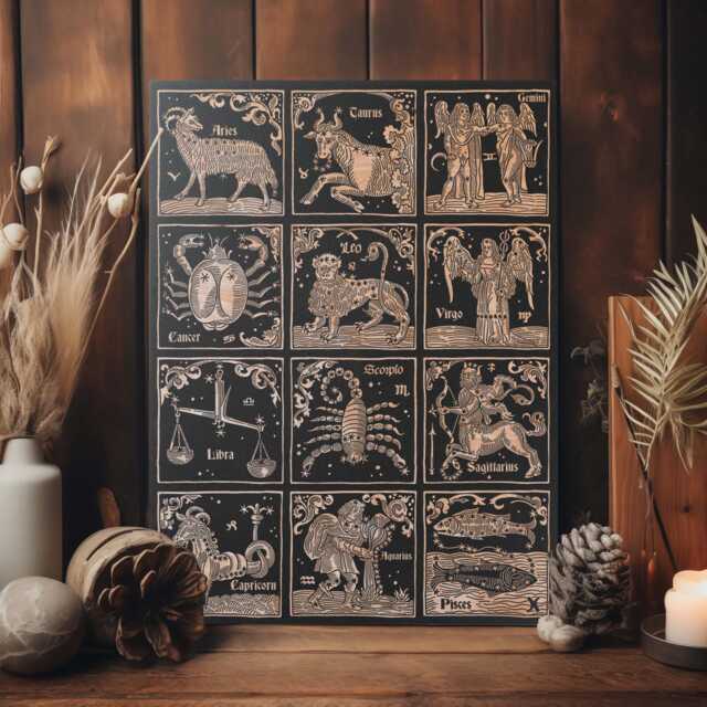 Zodiac Engraved Birch Wood Panel - Block Print Style Wall Art, Astrology Sign Illustration, Astrological Decor Gift - image 1