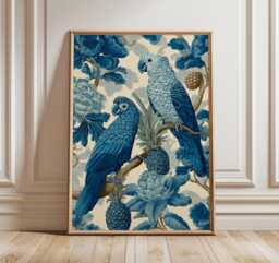 Tropical Parrot Art Print, Blue Botanical Wall Art, Exotic Bird Illustration, Vintage Jungle Poster, Elegant Nature Home Decor - thumbnail 1