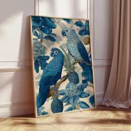 Tropical Parrot Art Print, Blue Botanical Wall Art, Exotic Bird Illustration, Vintage Jungle Poster, Elegant Nature Home Decor - thumbnail 2