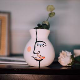 White Bulb Ceramic Matte Abstract Face Vase Art/Painting Home Decor Ornament - thumbnail 2