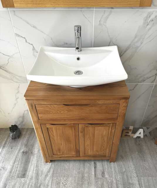 Oak Bathroom Vanity Unit - Solid Cabinet With Ceramic Basin Tap & Plug Round Corners Soft Close Hinges 502R016 - image 1