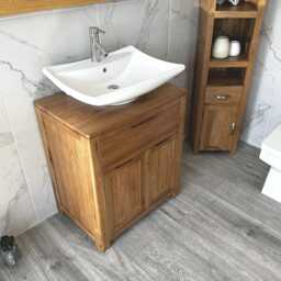 Oak Bathroom Vanity Unit - Solid Cabinet With Ceramic Basin Tap & Plug Round Corners Soft Close Hinges 502R016 - thumbnail 3