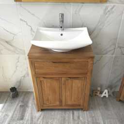 Oak Bathroom Vanity Unit - Solid Cabinet With Ceramic Basin Tap & Plug Round Corners Soft Close Hinges 502R016 - thumbnail 2