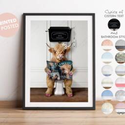 Female Highland Cow On Toilet With Magazine, Victorian Toilet, Funny Bathroom Print, Animal Art, Whimsy Animals - thumbnail 2