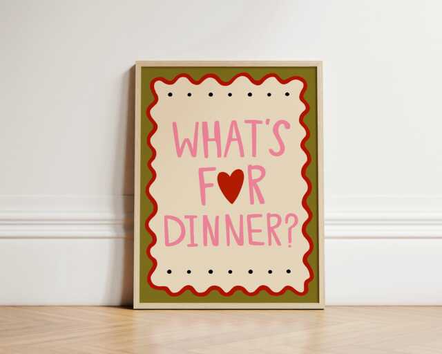 What's For Dinner Print, Kitchen Wall Art, Colourful Prints, Dining Room Typography Unframed - image 1